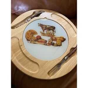 Vintage Cheese/Charcuterie Lazy Susan - Wood w/ Round Ceramic Insert- Boho 1970s